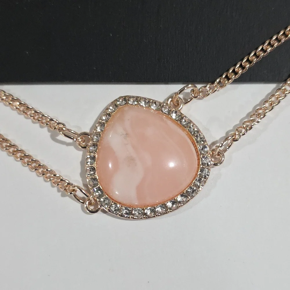 Rose Gold tone & Peach Stone Pendant Necklace & Matching Earrings Jewelry Set